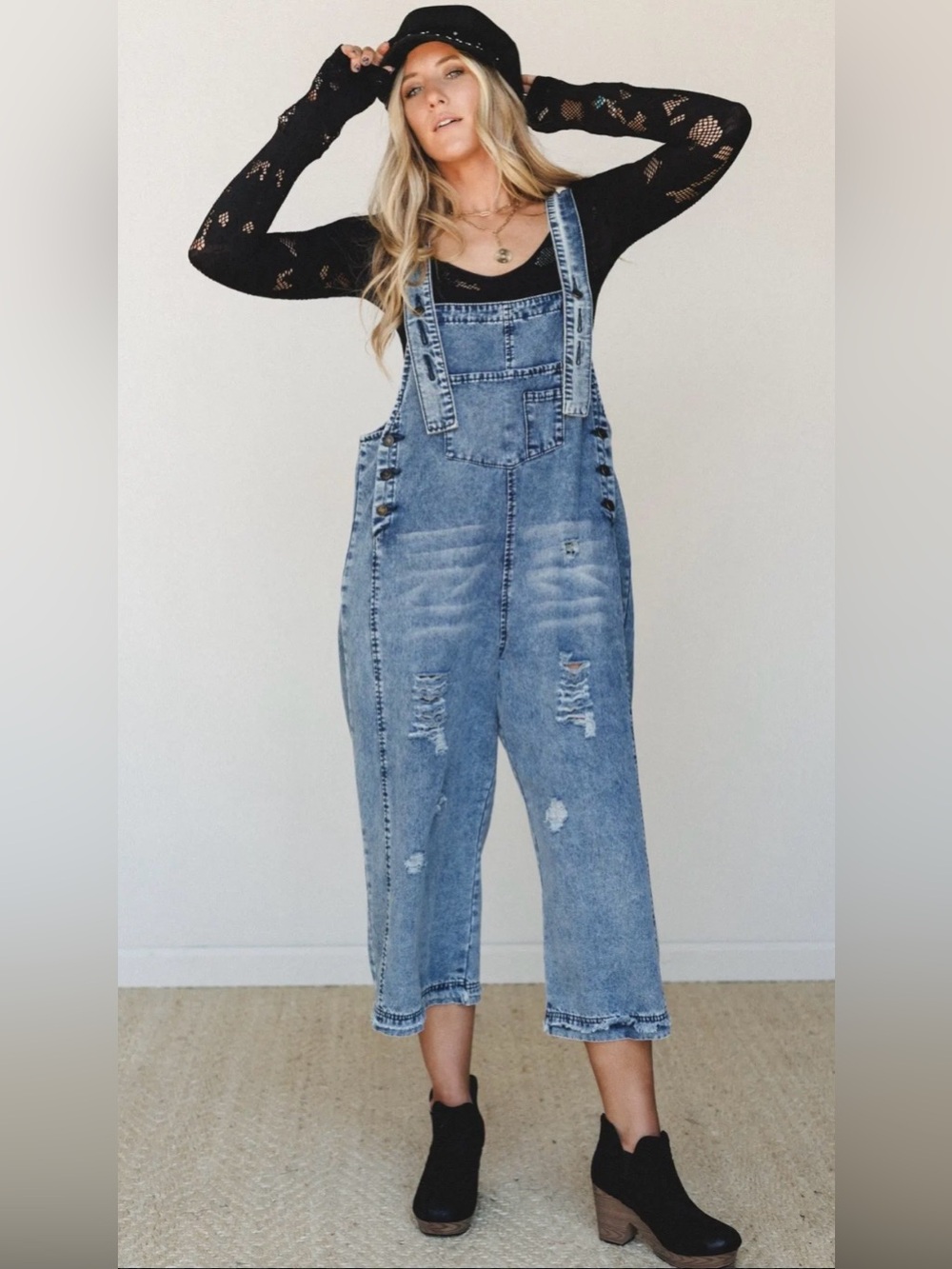 Easel Los Angeles High Hopes Distressed Denim Overalls Wide Leg NWT Size Small